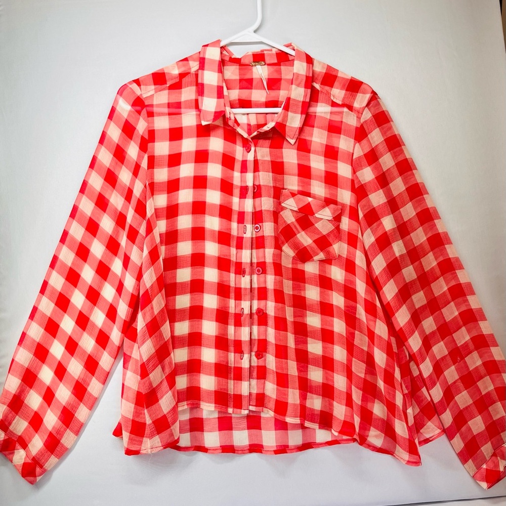Free People Red‎ and White Checkered Button Down Shirt